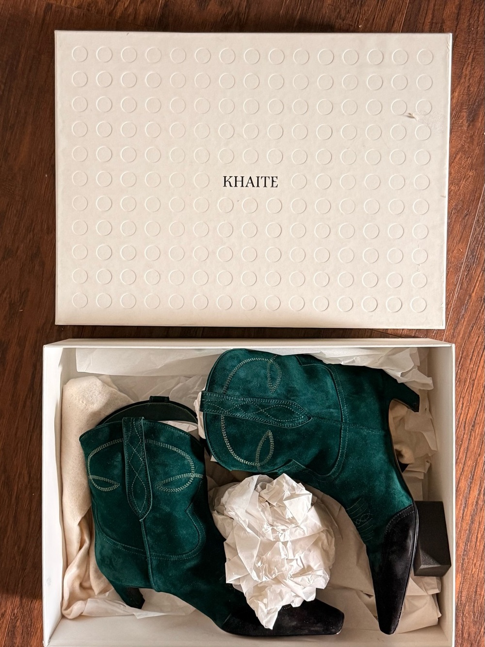 KHAITE Emerald Green Suede Western Ankle Boots with Black Toe
